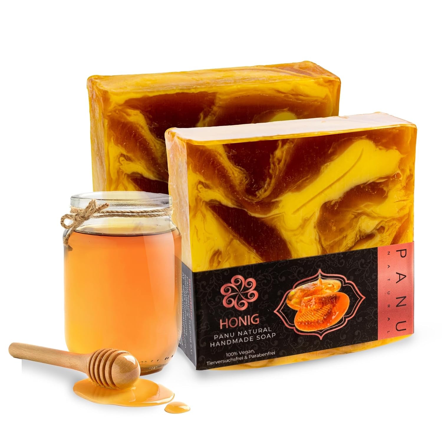 Panu Seifen Honig - Vegane Duschseife Für Alle Hauttypen - Naturseife Als Festes Duschgel Und Festes Shampoo - Premium Soap Bar - Natürlicher Duschbrocken Als Festes Duschgel