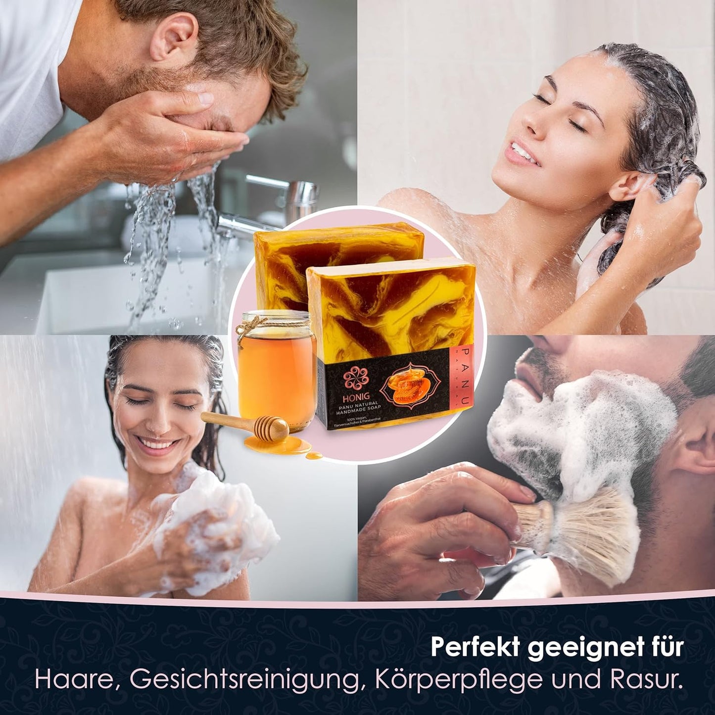 Panu Seifen Honig - Vegane Duschseife Für Alle Hauttypen - Naturseife Als Festes Duschgel Und Festes Shampoo - Premium Soap Bar - Natürlicher Duschbrocken Als Festes Duschgel