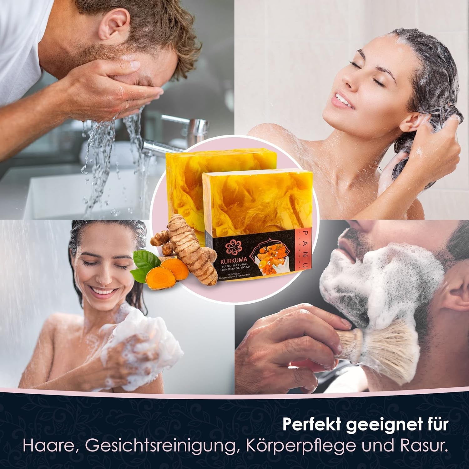 Panu Seifen Kurkuma - Vegane Duschseife Für Alle Hauttypen - Naturseife Als Festes Duschgel Und Festes Shampoo - Premium Soap Bar - Natürlicher Duschbrocken Als Festes Duschgel