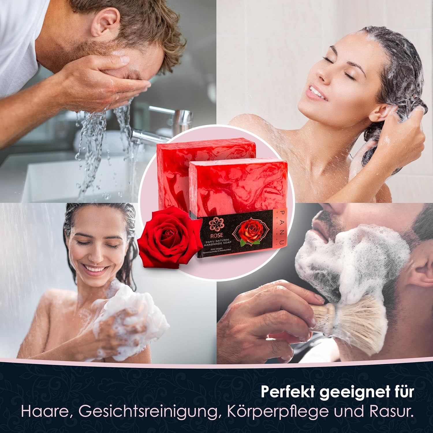 Panu Seifen Rose - Vegane Duschseife Für Alle Hauttypen - Naturseife Als Festes Duschgel Und Festes Shampoo - Premium Soap Bar - Natürlicher Duschbrocken Als Festes Duschgel
