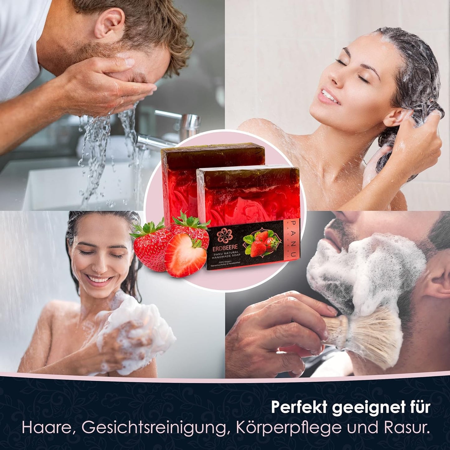 Panu Seifen Erdbeer - Vegane Duschseife Für Alle Hauttypen - Naturseife Als Festes Duschgel Und Festes Shampoo - Premium Soap Bar - Natürlicher Duschbrocken Als Festes Duschgel